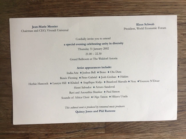 Extremely Rare Klaus Schwab WEF Bono Invitation Waldorf NYE 2002/3 'Diversity'