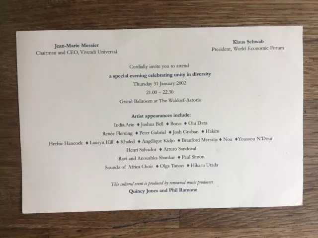 Klaus Schwab WEF Bono Extremely Rare Invitation Waldorf NYE 2002/3 'Diversity'