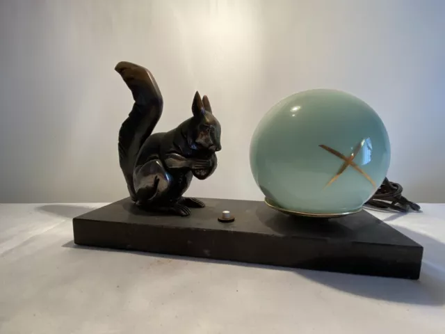 French Antique Squirrel Eating Nut Lamp/Glass Globe Art Deco Bronze Effect