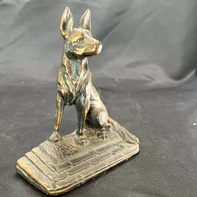 Vintage Cast Iron Bronze German Shepherd Dog Bookend Door Stop