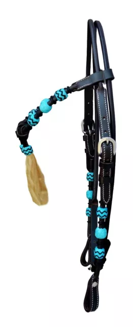 Round Leather Western Headstall Bridle Turquoise Raw Hide Braided Futurity Knot1 3