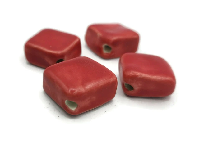 Handmade Ceramic Square Beads For Jewelry Making 4 Pcs Matte Red Clay Decorative
