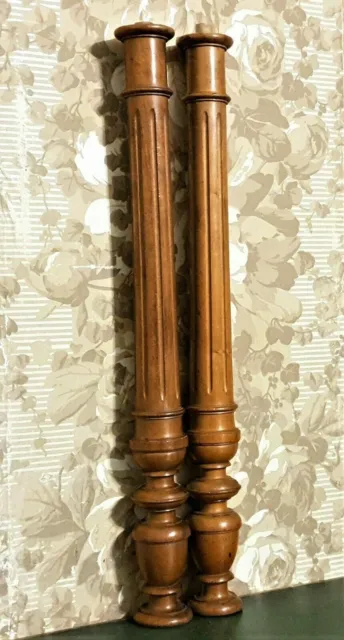 Pair baluster groove wood turned column Antique french architectural salvage 26"