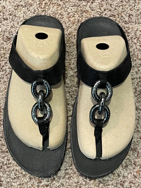 NIB NEW FitFlop Wedge Thong Sandal 41 Women 9 M Black Superchaain Leather