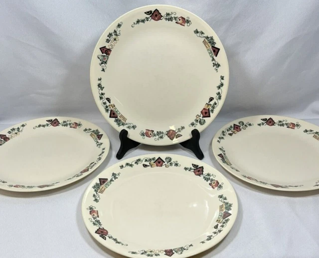 VINTAGE CORELLE GARDEN HOME Set of 4 Dinner Plates Beige w/Birdhouses