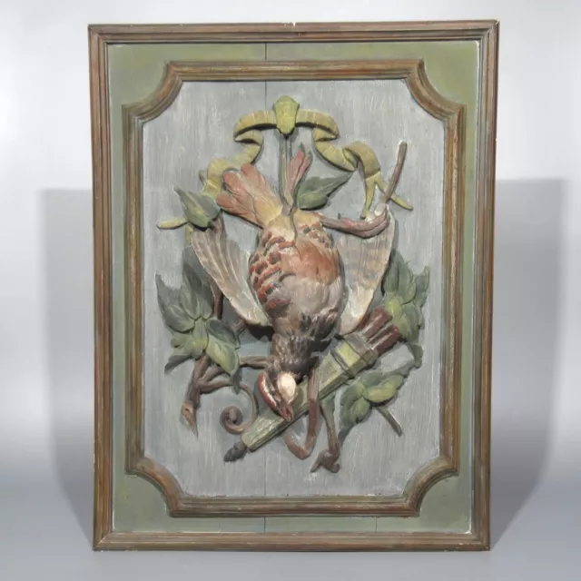 Antique French Hand Carved Painted Wooden Panel High Relief Still Life Partridge