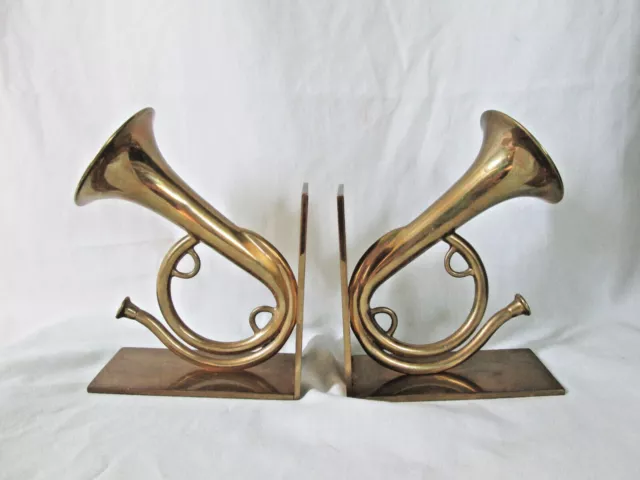 Vintage Heavy Solid Brass Bookends Pair/Set French Horn Musician England ArtDeco