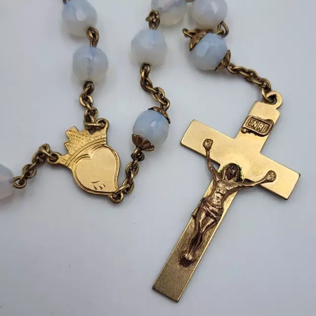 Vintage Gold Filled Milky Glass Bead INRI Crucifix Rosary - Mono EK