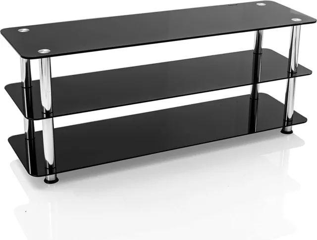 TV Stand Black Glass Shelving Unit Silver Legs For LCD, OLED, LED Up To 55 Inch