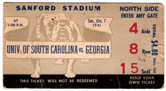 1961 GEORGIA BULLDOGS vs SOUTH CAROLINA GAMECOCKS football ticket stub 10/7/61