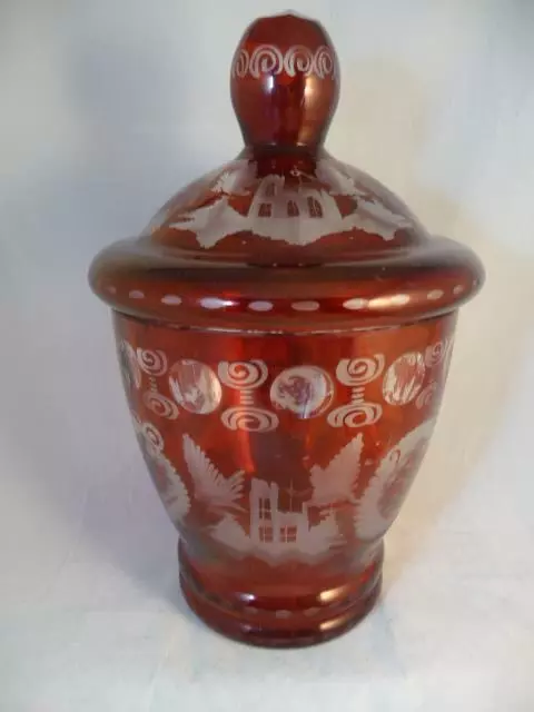 Vintage Egermann Czech Bohemia Ruby Red To Clear Art Glass Lidded Candy Jar