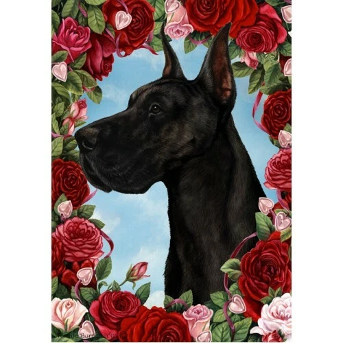Roses Garden Flag - Black Great Dane 191501