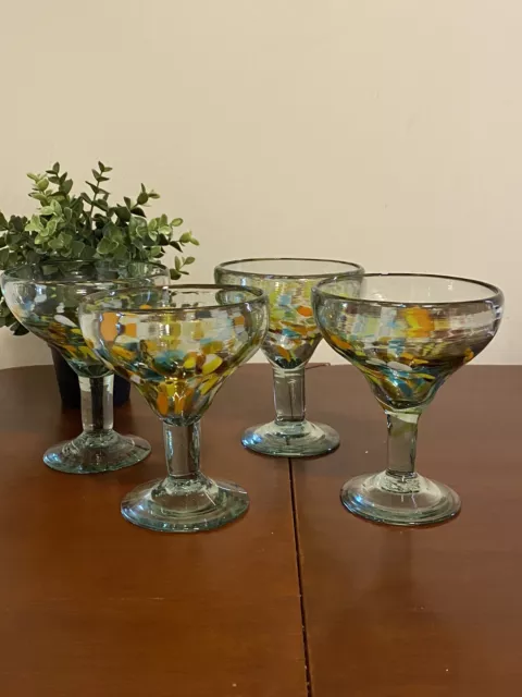 Set Of 4 Confetti Hand Blown Margarita Glasses Mexican Glass Cocktail Glasses