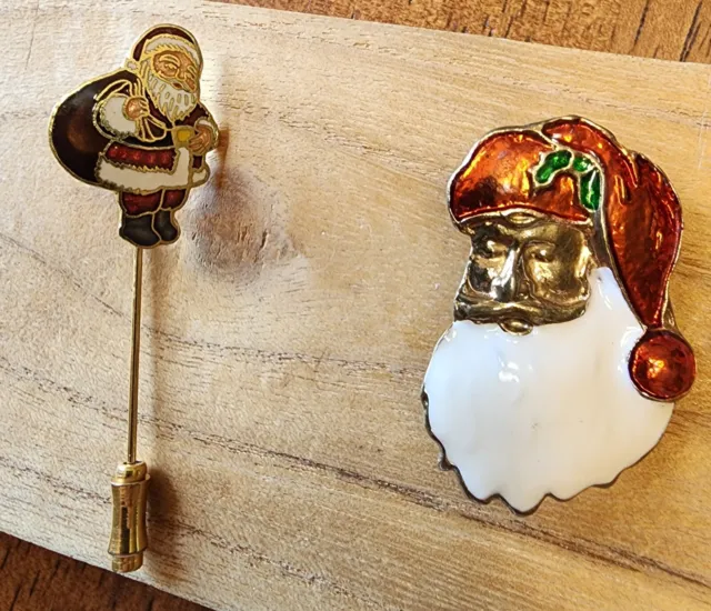 Two Bright and Cheerful Enameled Metal Santa Pins