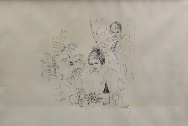 Bernardo LEPORINI QUADRO DIPINTO DISEGNO a CHINA SCENA ROMANTICA COPPIA A CENA