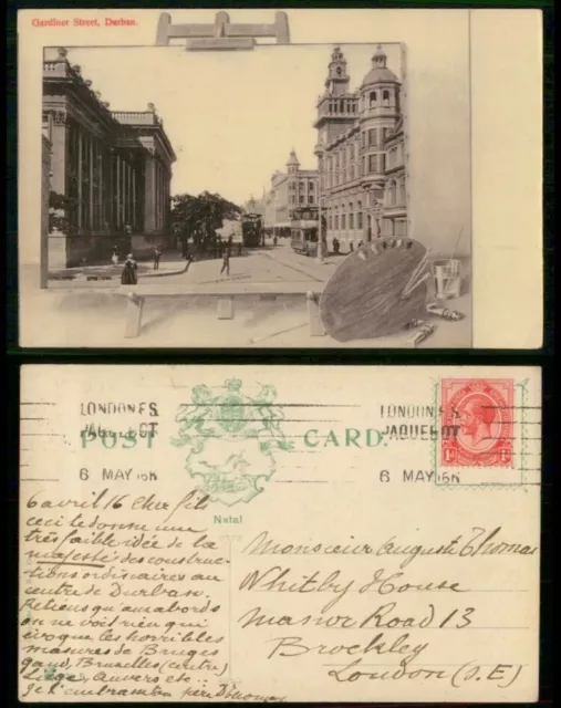 Südafrika 🇿🇦 AK PPC Durban Gardiner Street to London GB 16.05.1908 Top Rare
