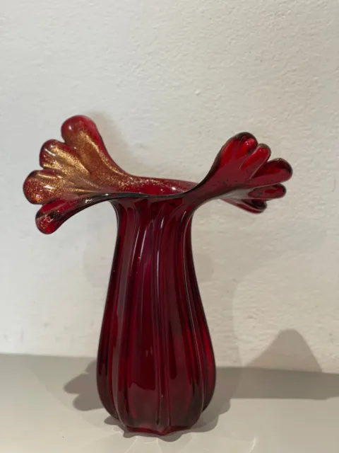 Murano Glass Vase Archimede Seguso Jack in Pulpit -Red Ribbed Sommerso 14.4 Tall