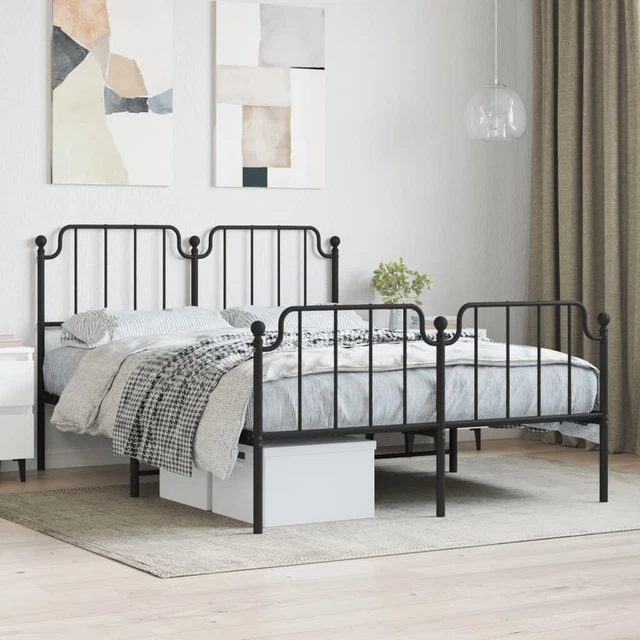 VIDAXL METAL BED Frame without Mattress with Footboard Black 135x190cm