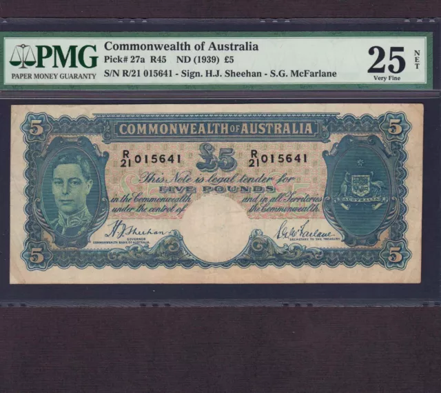 Australia 5 Pounds 1939 P-27a * PMG VF 25 net * Blue Signature *