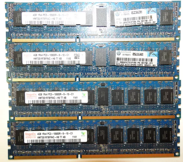 16GB 4x 4GB DDR3 SkHynix 1Rx4 PC3-10600R-09-10-C1 reg ECC HP label SP# 595424