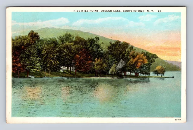 Cooperstown NY-New York, Five Mile Point, Otsego Lake, Vintage Souvenir Postcard