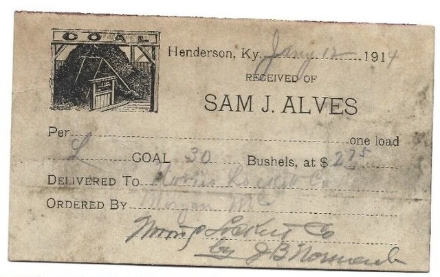 Sam J Alves Henderson KY 1914 Billhead Receipt Coal Dealer