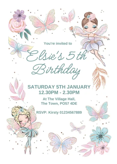 Birthday party invitations invites Personalised Kids Girls Fairy Enchanted 2