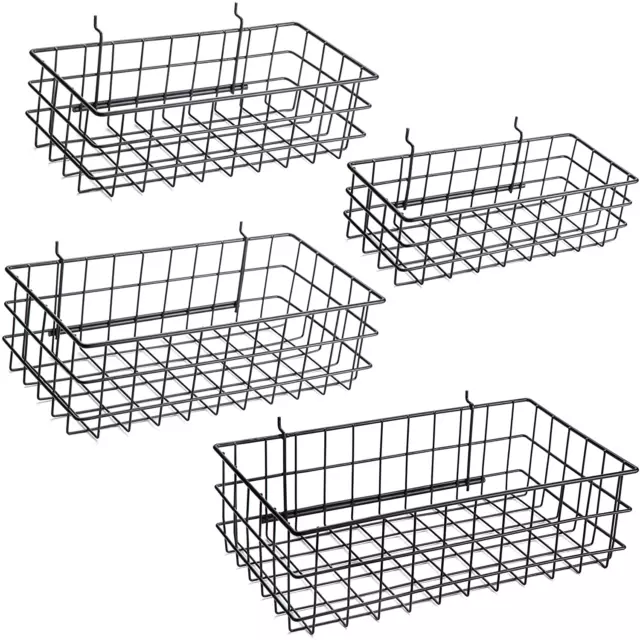 Pegboard Baskets, Set of 4 Black - Hooks to Any Peg Board - Square Style Wire Sh