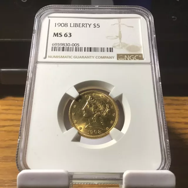1908 $5 Gold Five Dollar Half Eagle Ngc Ms63 Rare Us Gold Coin. 3