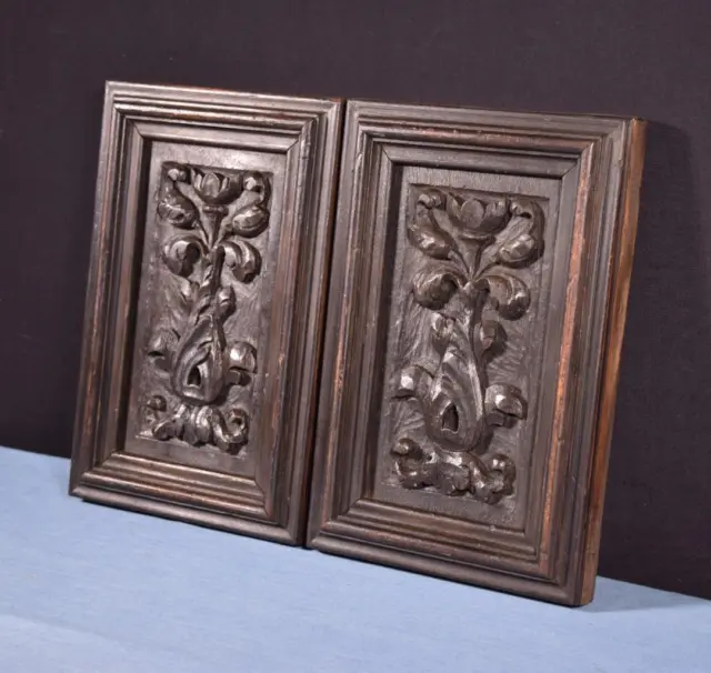 Pair of Antique French Highly Carved Panels in Oak Wood Salvage w/Pine Frame