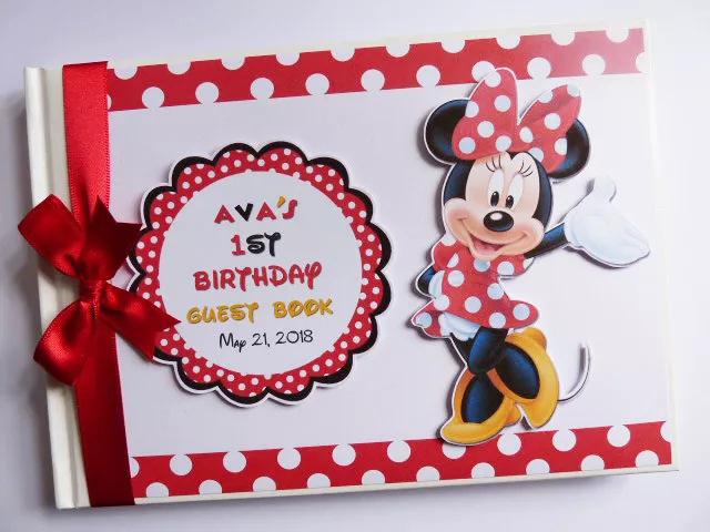 Personalised Minnie birthday guest book, red and black Minnie album, gift