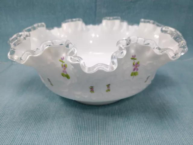 FENTON SILVER CREST Violets In The Snow Spanish Lace Glass Bowl Signed ...