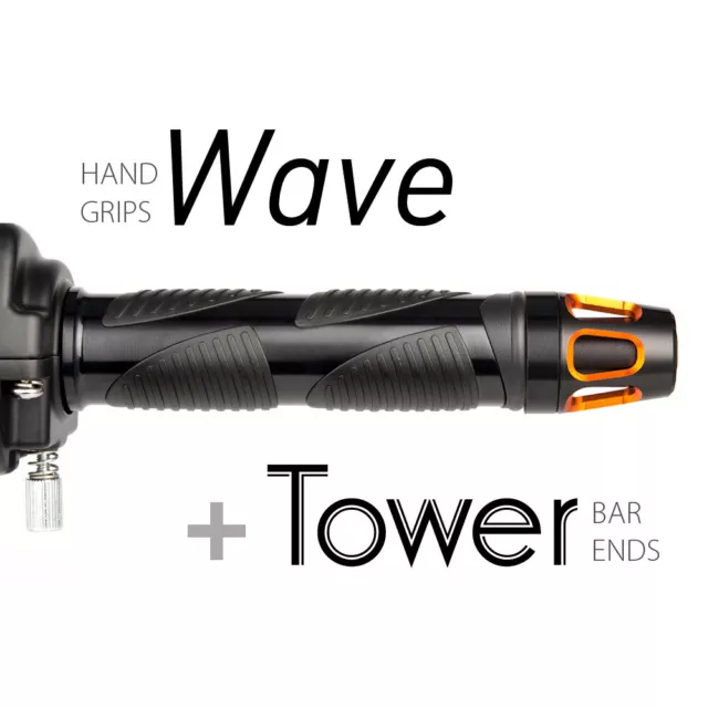 KiWAV Motorcycle Wave grips Black with Tower Bar Ends Orange/Black