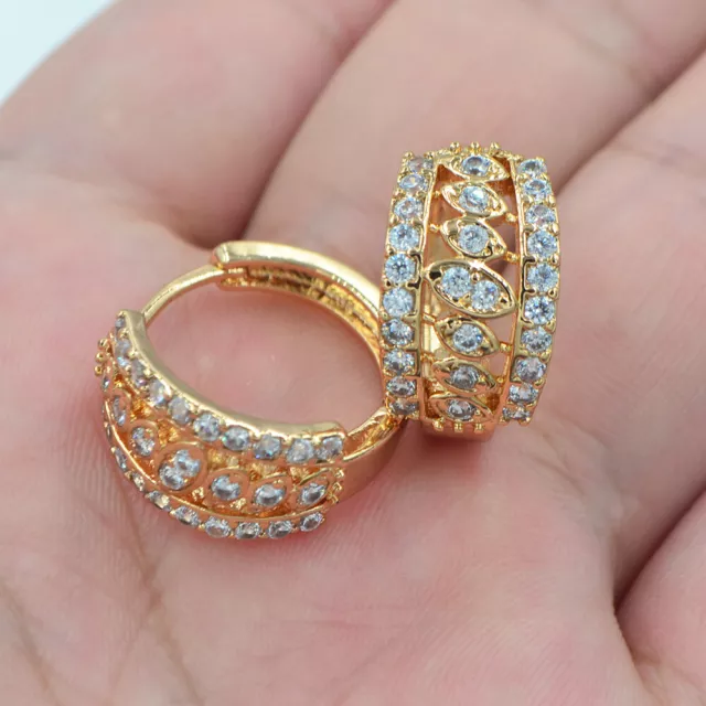 18K Yellow Gold Filled Women Luxury Clear Topaz Zircon Wedding Huggie Earrings 2