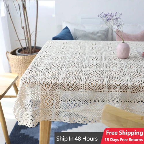 Vintage Cotton Linen White Lace Cotton Crochet Tablecloth Rectangle Table Cloth