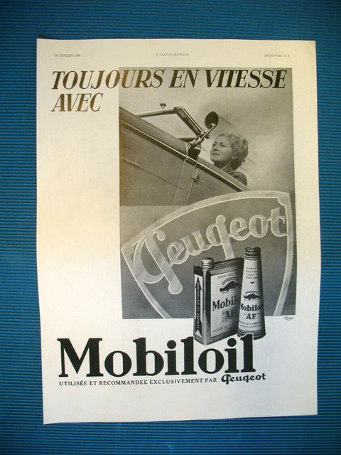 Publicite De Presse Mobiloil Huile Auto Toujours En Vitesse Peugeot Ad 1935