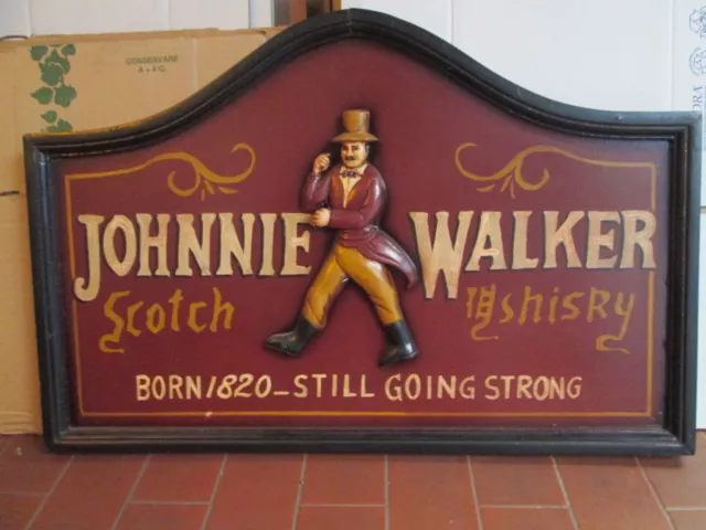 Quadro Pubblicitario Whisky "Johnnie Walker" In Legno A Rilievo - Vintage Orig.