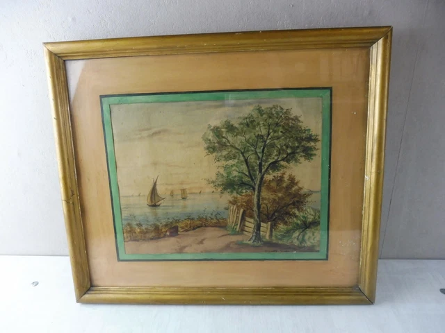 Ancien tableau / peinture / aquarelle, décor voilier, par Auguste Gros