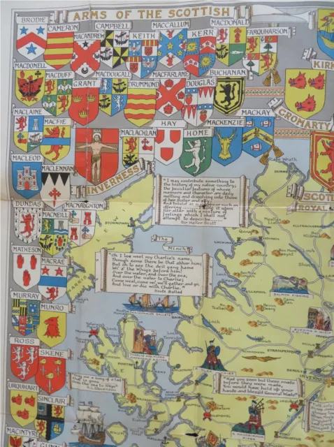 Scotland Historical Cartoon Pictorial Map Clan Shields c. 1930's large color map 3