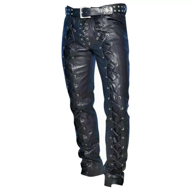 Men's Black Leather Pants  Front & Back Lace Pant Genuine Leather Biker Trousers