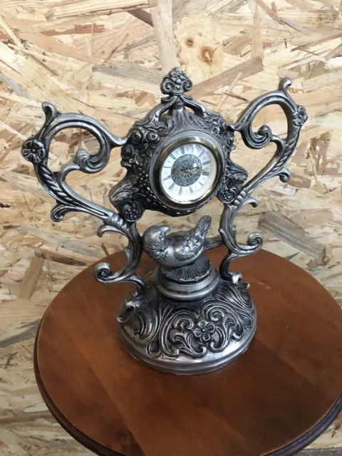 Ancienne Horloge Pendule De Table Style Baroque Métal Gris Made In Italy Vintage