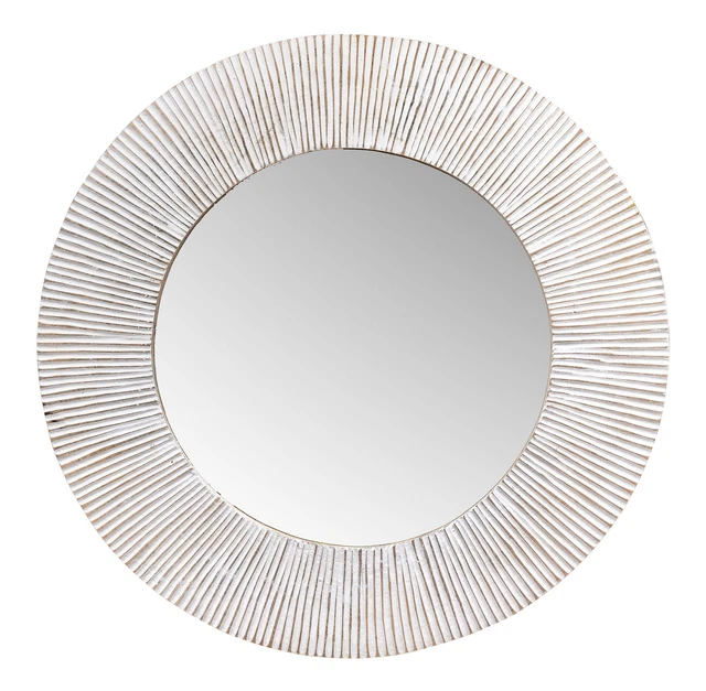 Redondo Espejo de Pared Ø55cm Blanco Limpiado Madera Boho Decoración Mango