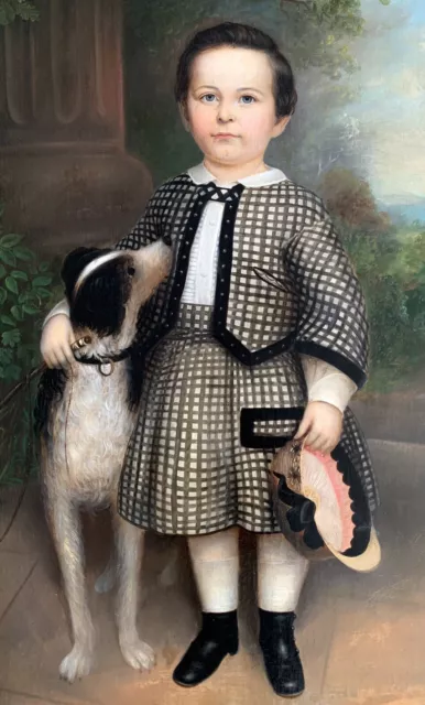 19th Century American Folk Painting ~ Child and Dog ~ 30x40