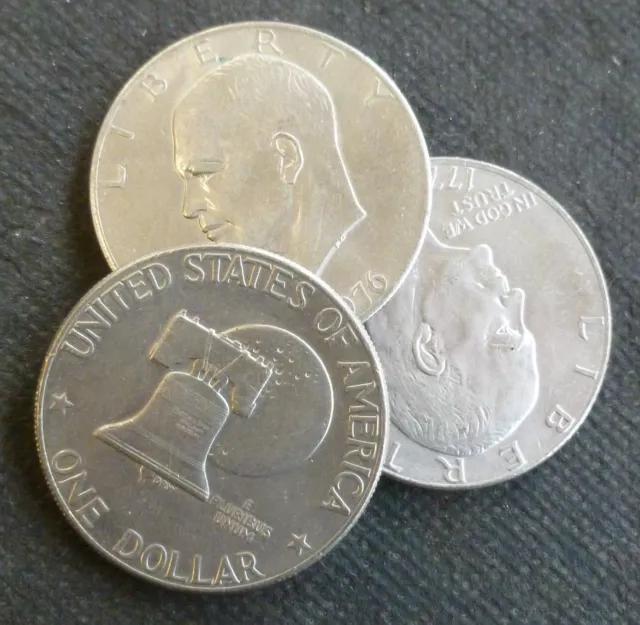 USA Eisenhower Clad Dollar $1 Coins x3, Bicentennial 1776-1976 Moon & Bell type