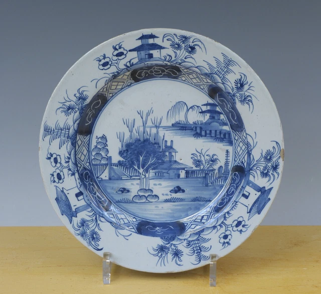 Antique Beautiful English Delft Plate Chinoiserie + Pagodas 18TH C.
