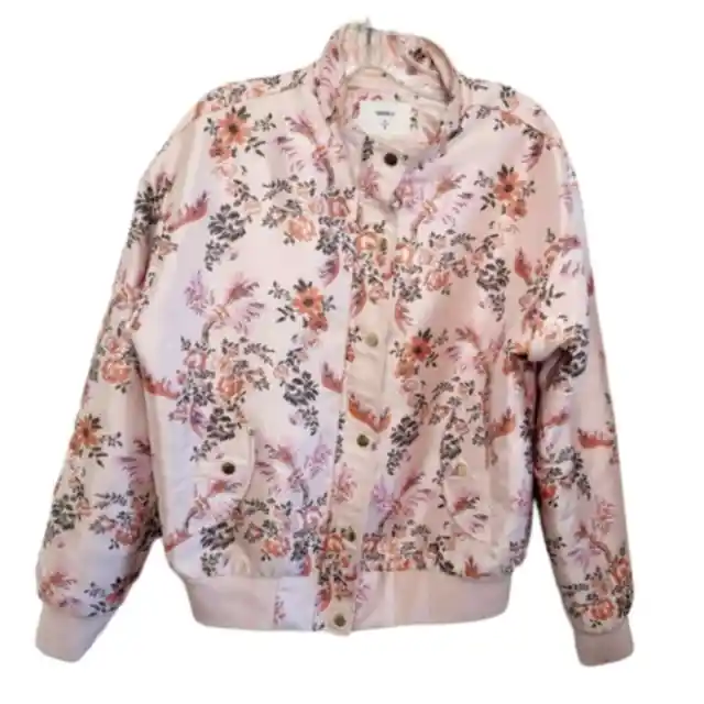 Forever 21 Pink Bomber Jacket Asian Floral Embroidered Sz Large Banded cuffs/Hem