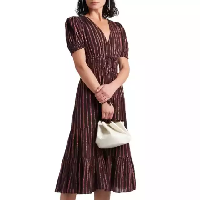 ULLA JOHNSON Zaria Metallic Striped Cotton Midi Dress Merlot XS