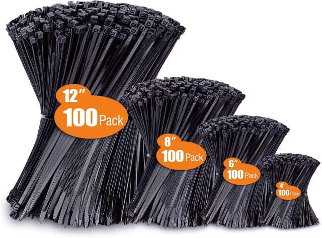 Zip Ties Assorted Sizes(4”+6”+8”+12”), 400 Pack, Black Cable Ties, UV Resistance