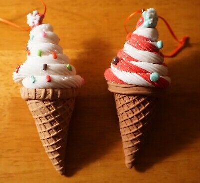 Set of 2 Red White Candy Cane Twisted Ice Cream Waffle Cone Christmas Ornaments