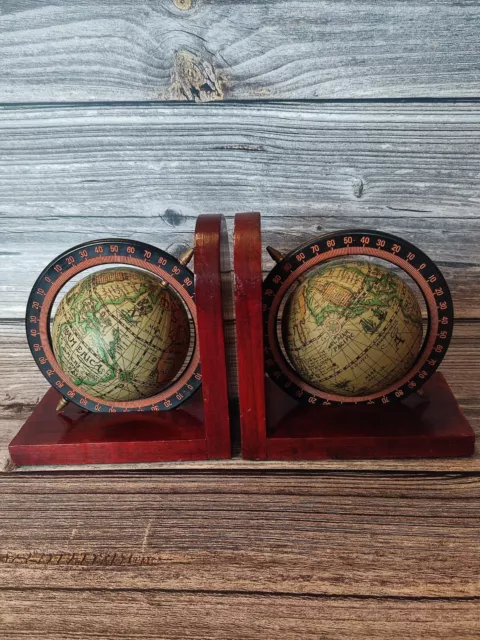 Vintage Globe / Atlas Effect Wooden Mahogany Style Book Ends